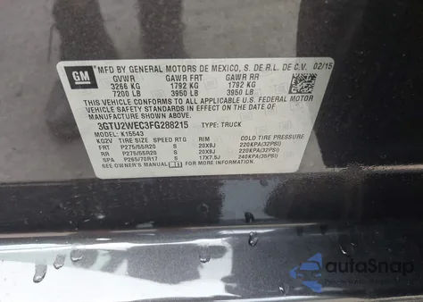 2015 GMC Sierra 1500 Denali z USA, uszkodzony, nr VIN 3GTU2WEC3FG288215